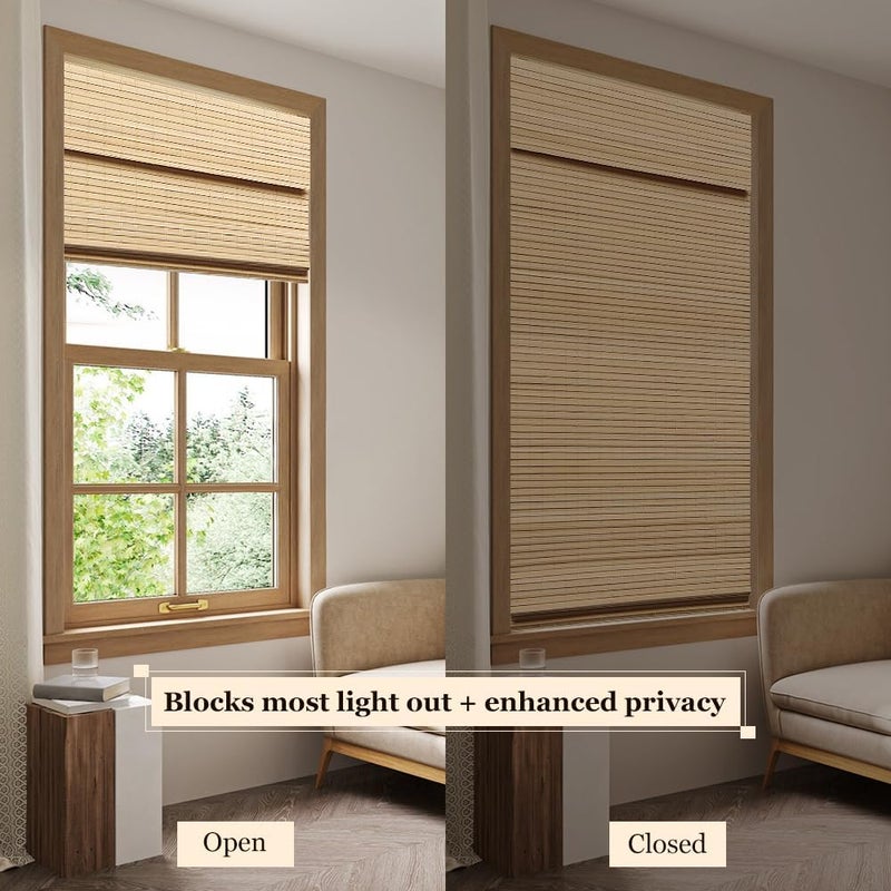 LUCKUP Cordless Bamboo Roman Blinds Shades for Indoor Windows-Blackout Room Darkening Roman Blinds with 6" Valance Cover Enhanced Privacy, 26" W x 64" H - Image 2